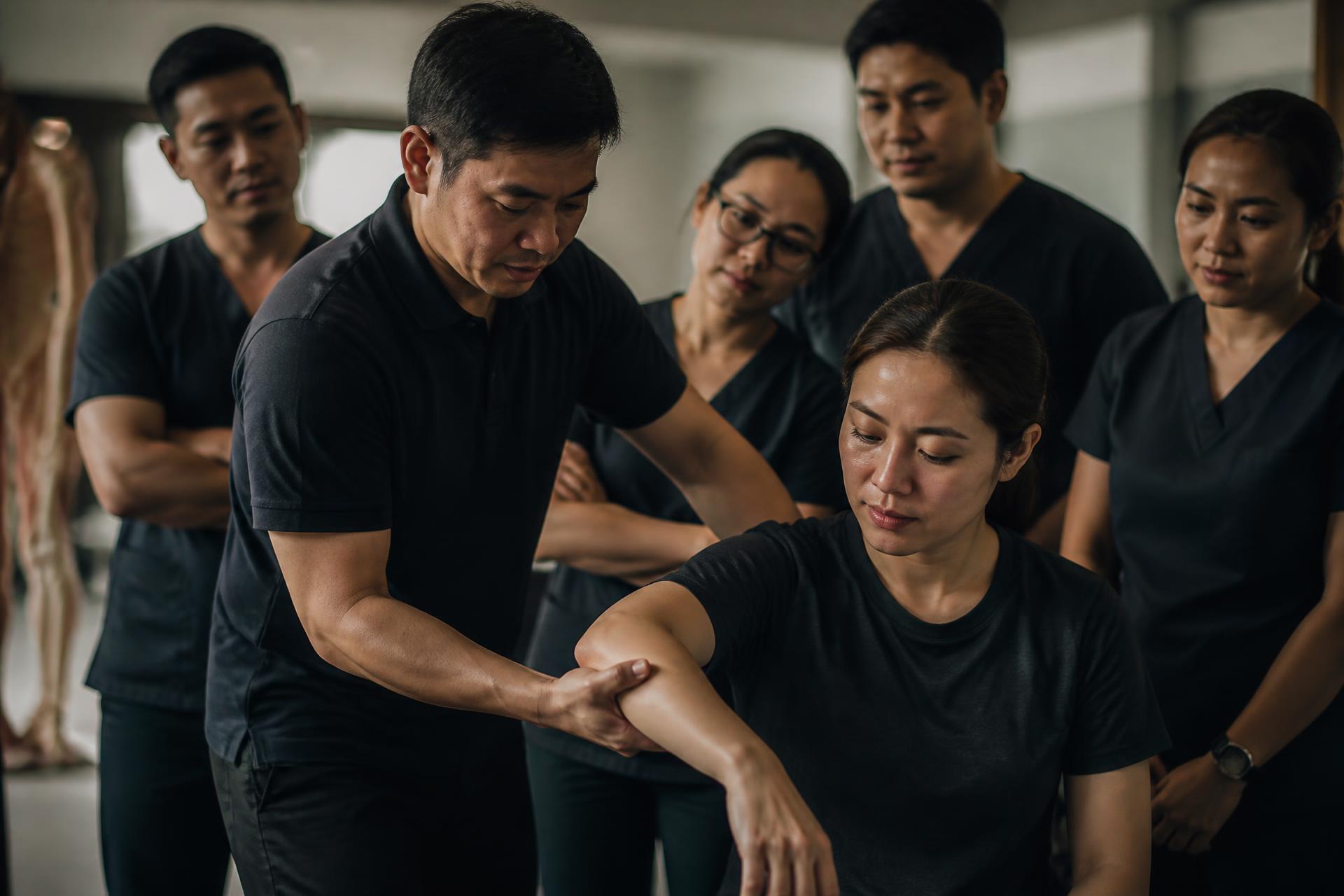 Filipino healthcare professionals learning a hands-on clinical technique with an instructor in a Thrive-X workshop